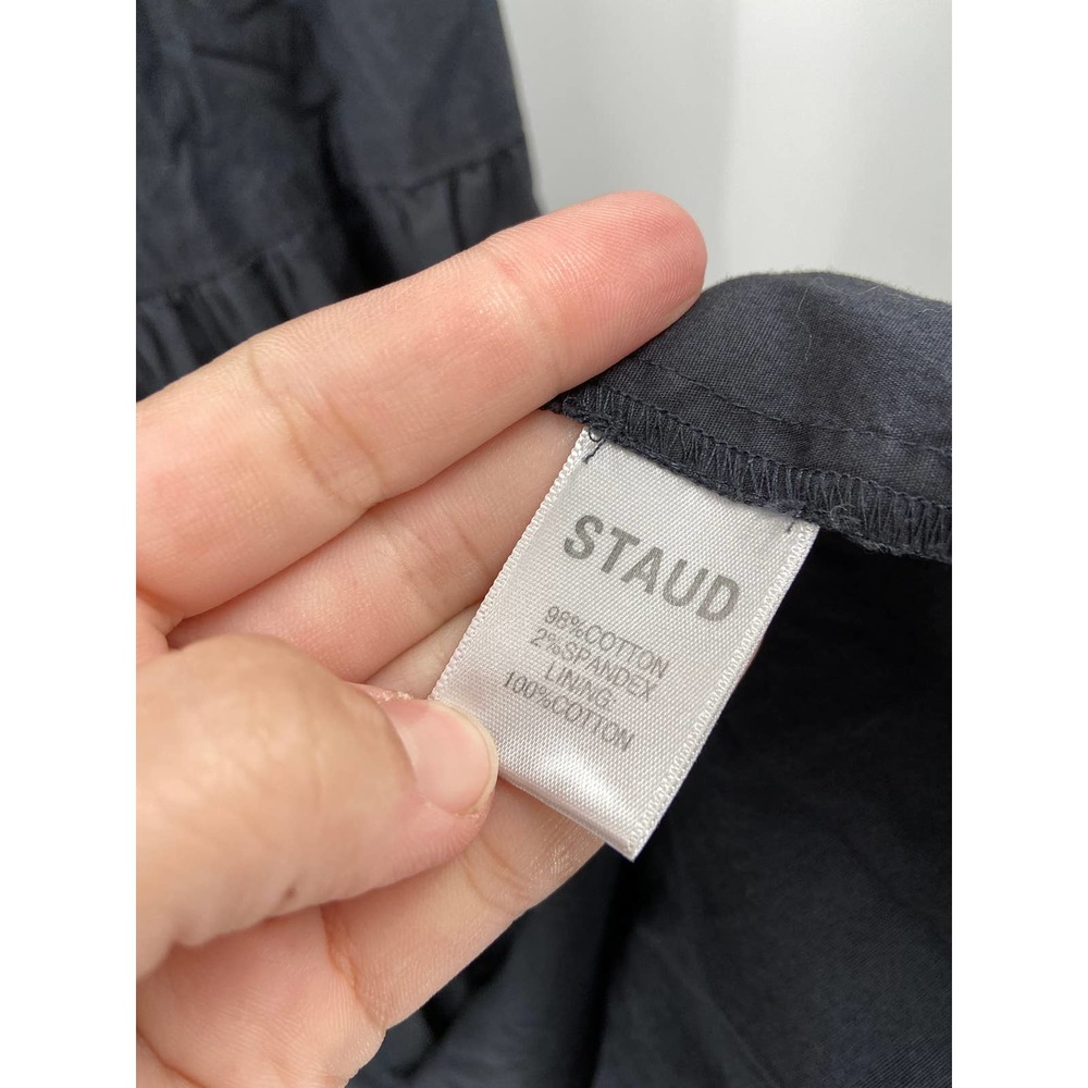 Staud Elio Solid Black Off Shoulder Tiered Button Front Short Sleeve Midi Dress - Picture 6 of 6